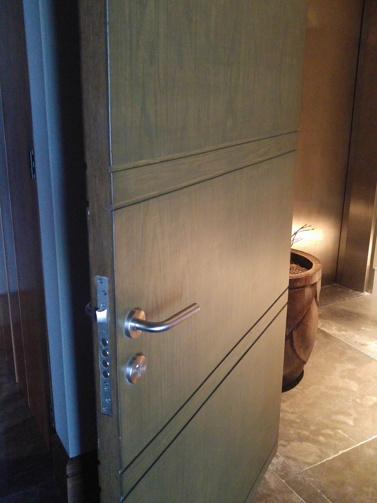 Puerta de seguridad con acabado en madera